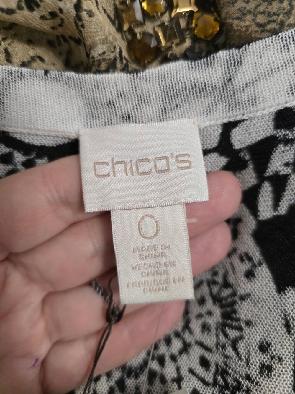 Chicos Black White Medallion Size O Fringe Eliska Cardigan Sweater Short Sleeve - Picture 2 of 11